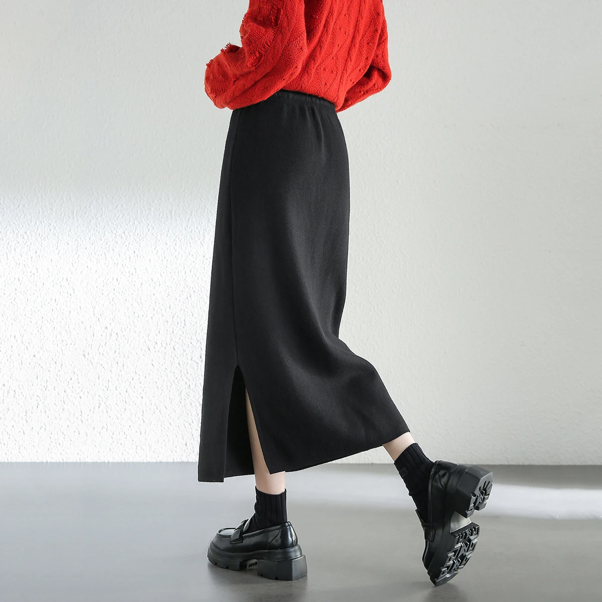 SENUBILA Drawstring Straight Skirt Women 2026 Autumn New Casual Midi Skirts Commute Solid Side Slit Knitted Skirts W44Q56671