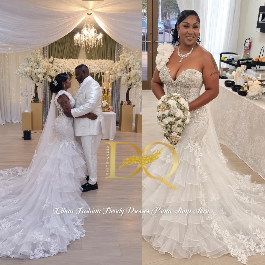 Customized White Mermaid Wedding Dress Plus Size One Shoulder 3D Floral Beaded Lace Ruffled Bridal Gown With Train