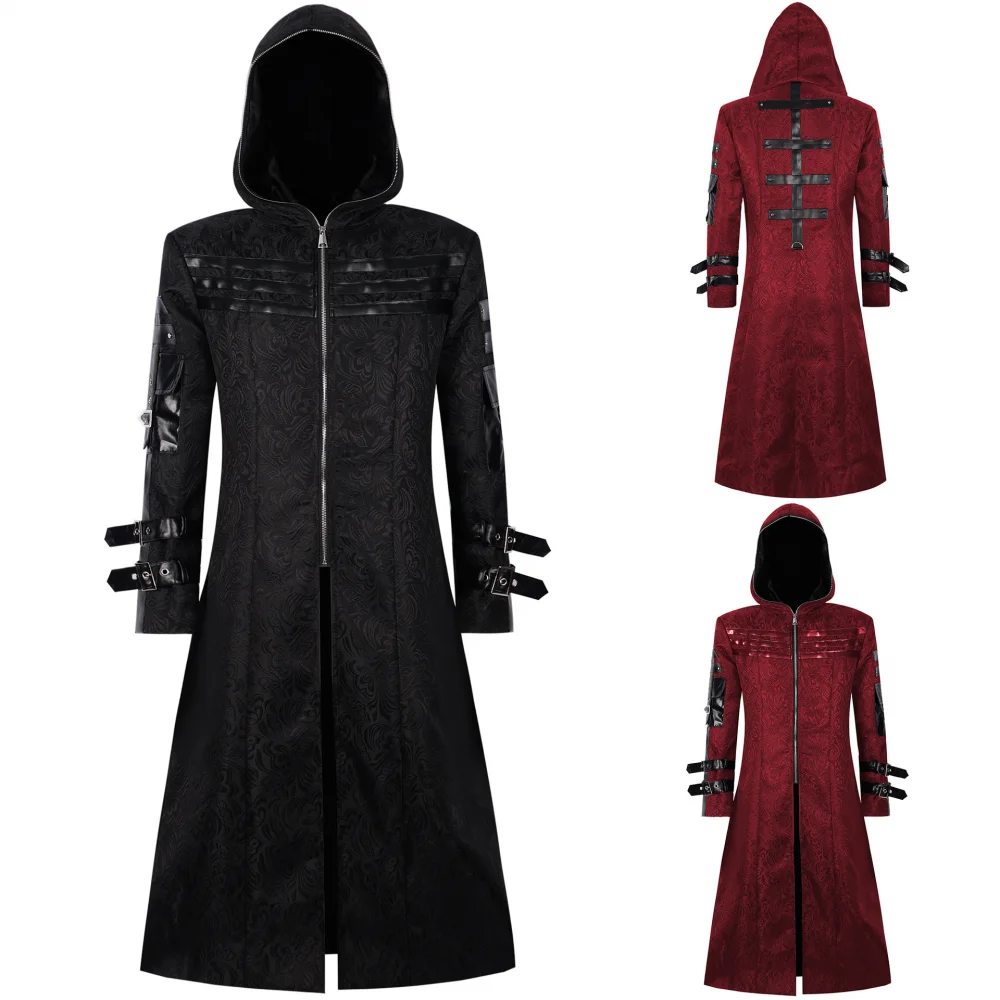 

Anime Men's Faux Leather Steampunk Cosplay Long Sleeve Male Jacket Gothic Victorian Frock Hoodie Coat Costume Daily Outfits