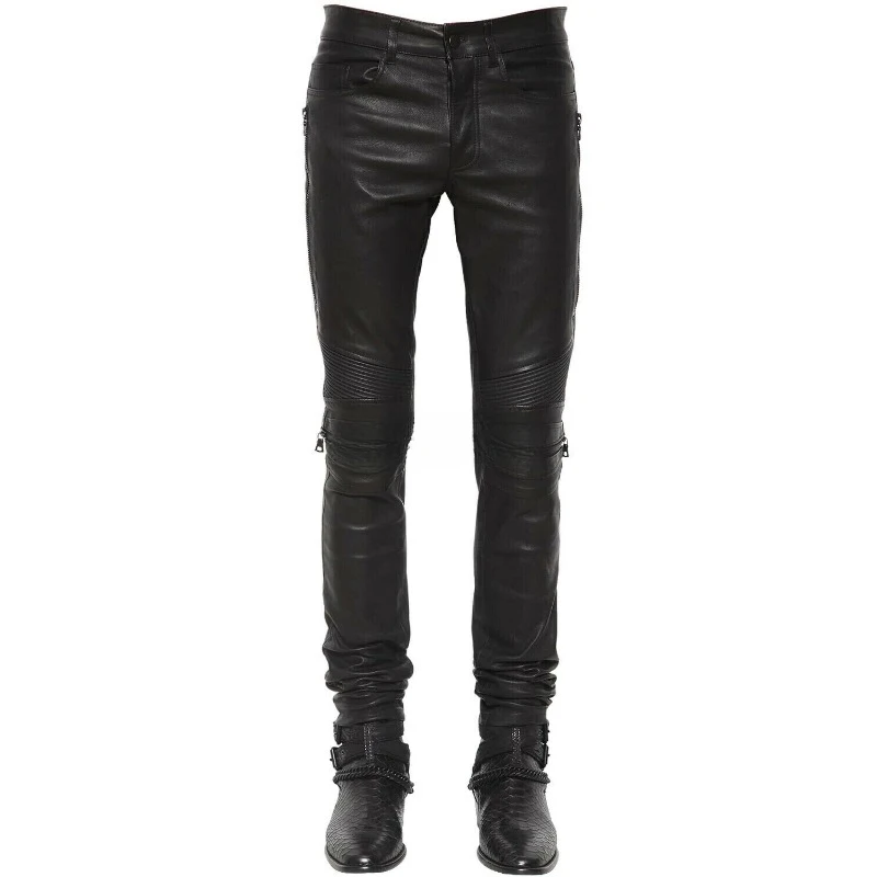 

Narrow Pattern Men Authentic Lambskin Pure Leather Pant Black Biker Trouser