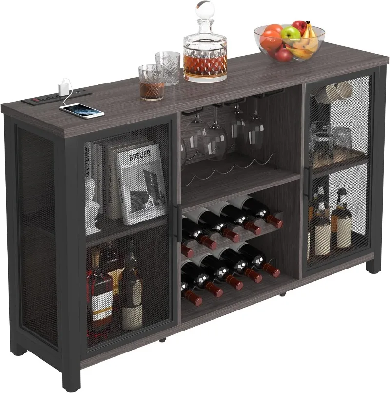 

55 Inch Industrial Bar Cabinet Wine Table for Liquor and Glasses Sideboard Buffet Cabinet with Wine Rack Freestanding Farmhouse