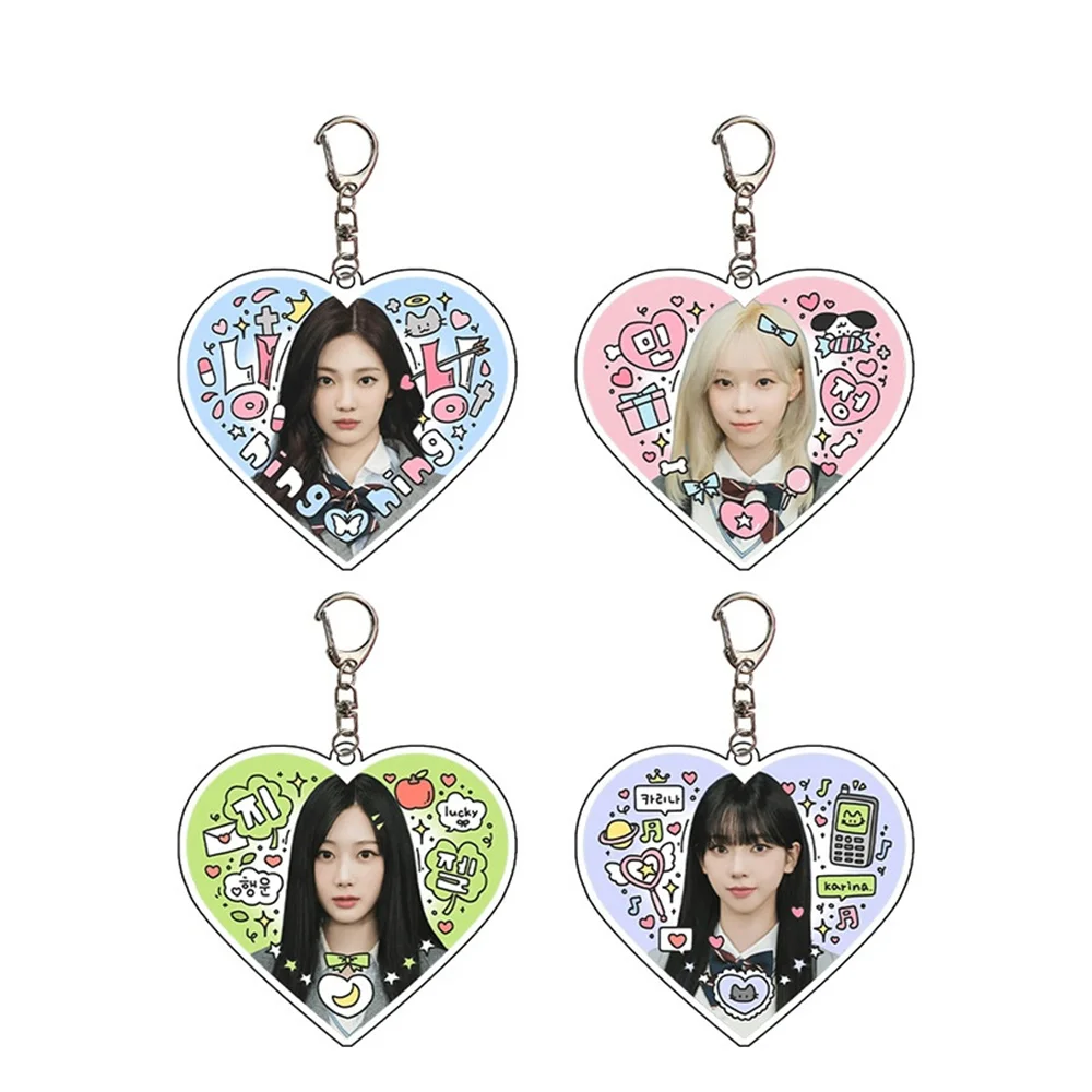 INS Style Kpop Girl Group New Acrylic Keychain Heart Shaped Graffiti Pendant Ornament KARINA WINTER NINGNING Fans Collection