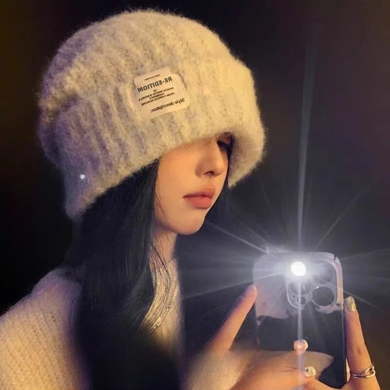 Winter Warm Beanies Cap for Women Girls Solid Color Letter Label Pullover Hat Outdoor Thermal Ear Protection Wool Knitting Hats