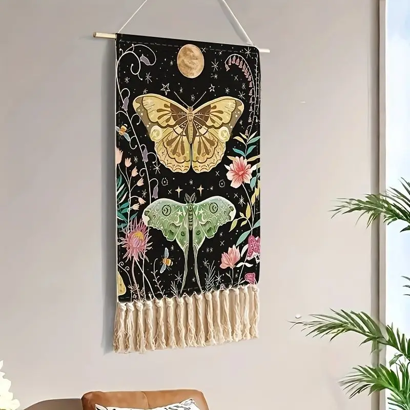 VIKAMA Moth Butterfly Wall Tapestry Moon Star Fringe Pattern For Living Room Bedroom Boho Nature Wall Cloth Home Decor