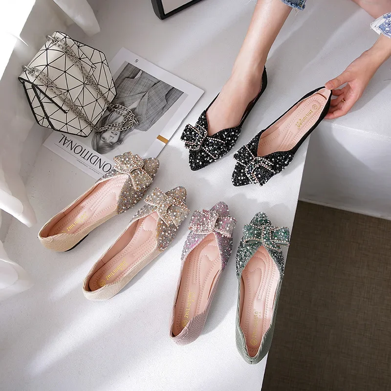 Women'sCasual Shoes Rhinestone Butterfly-knot Metal Decoration Pointed Toe Flat with Spring Shallow Mouth Rhinestone Women Shoes