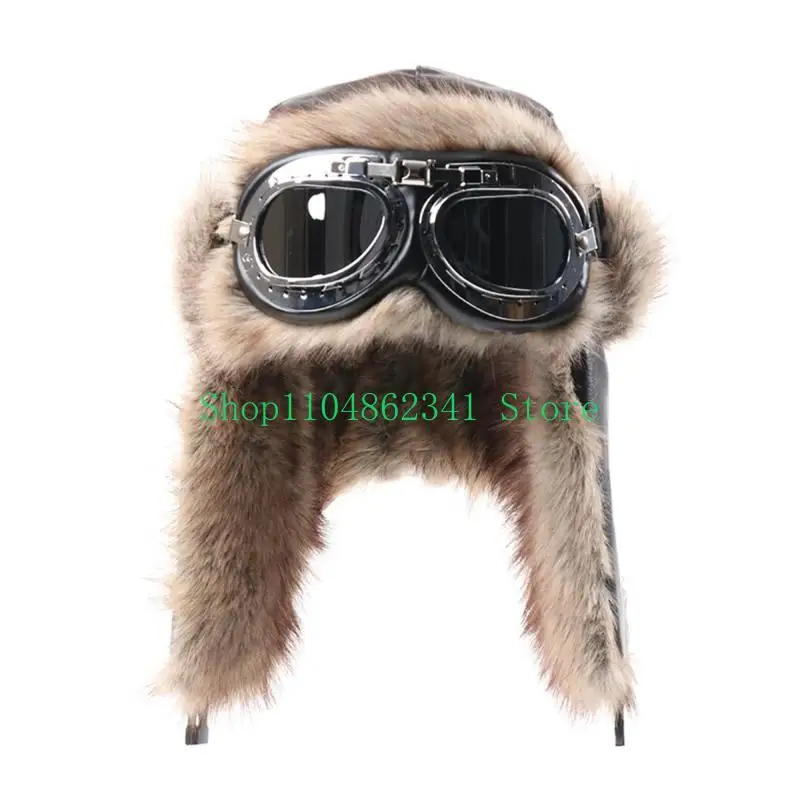 652F Windproof PU Leather Trapper Cold Weather Hat with Goggles Earflaps For Skiing