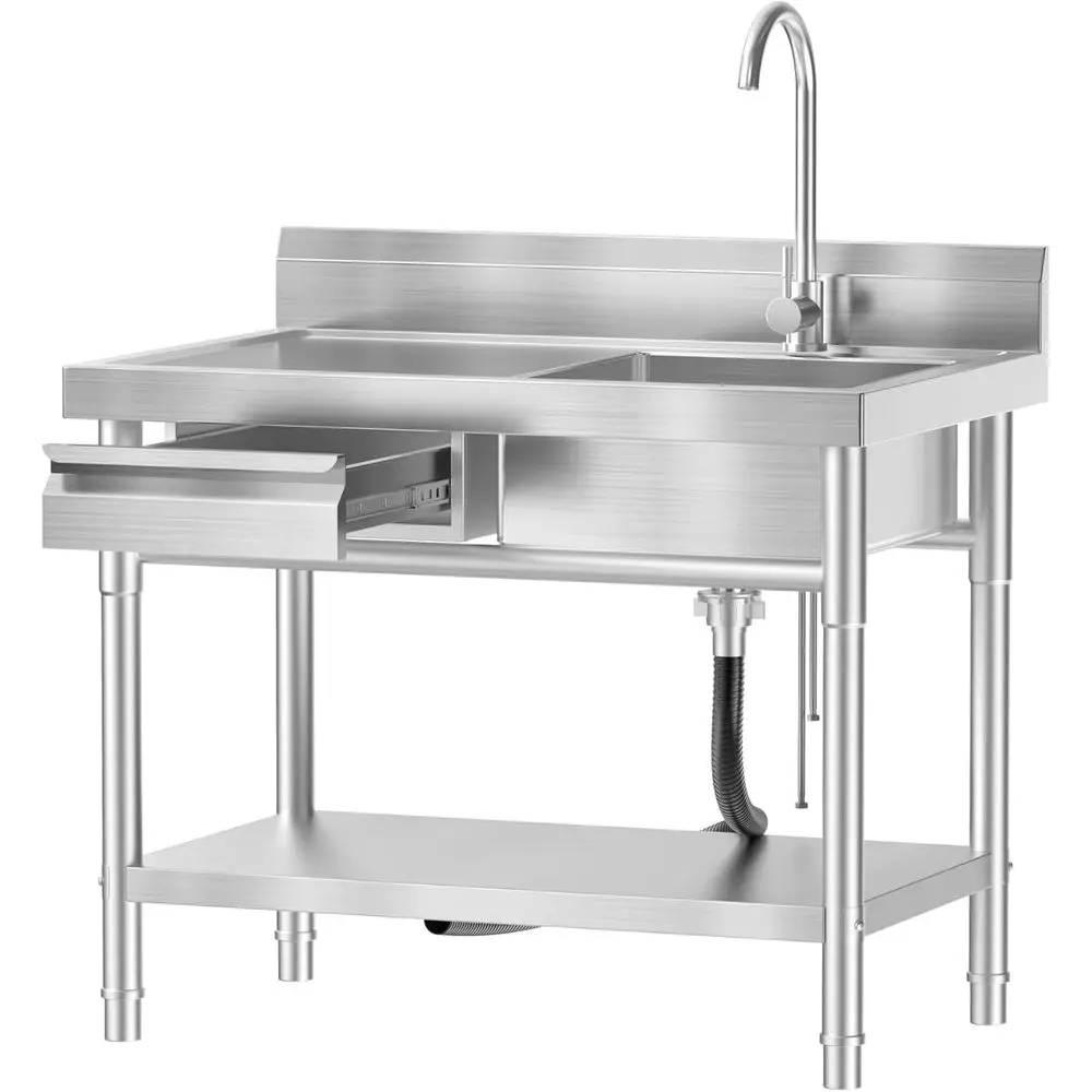 

40 Inch Stainless Steel Utility Sink，Free Standing， Equipped With Hot and Cold Water Pipes, Workbench Drawers for Storage,Suitab