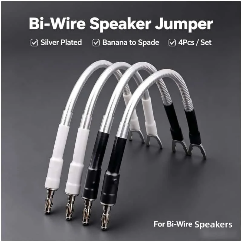 4Pcs Silver Plated Speaker Jumper Cables Banana to Spade Bi-Wire Jumpers for Speaker Terminal Bridge HIFI Speaker Wire
