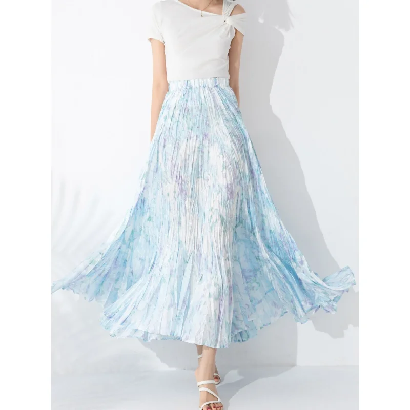 Skirt Women's Large Swing Skirt High-End Temperament Handmade Pleated Print A- line High Waist Slimming Dance Skirt [20230310]