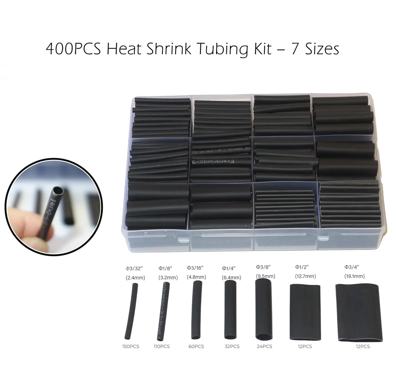 400pcs Heat Shrink Tubing Kit 3:1 Dual Wall Adhesive Lined Waterproof & Flame Retardant Automotive & Electrical Insulation Black