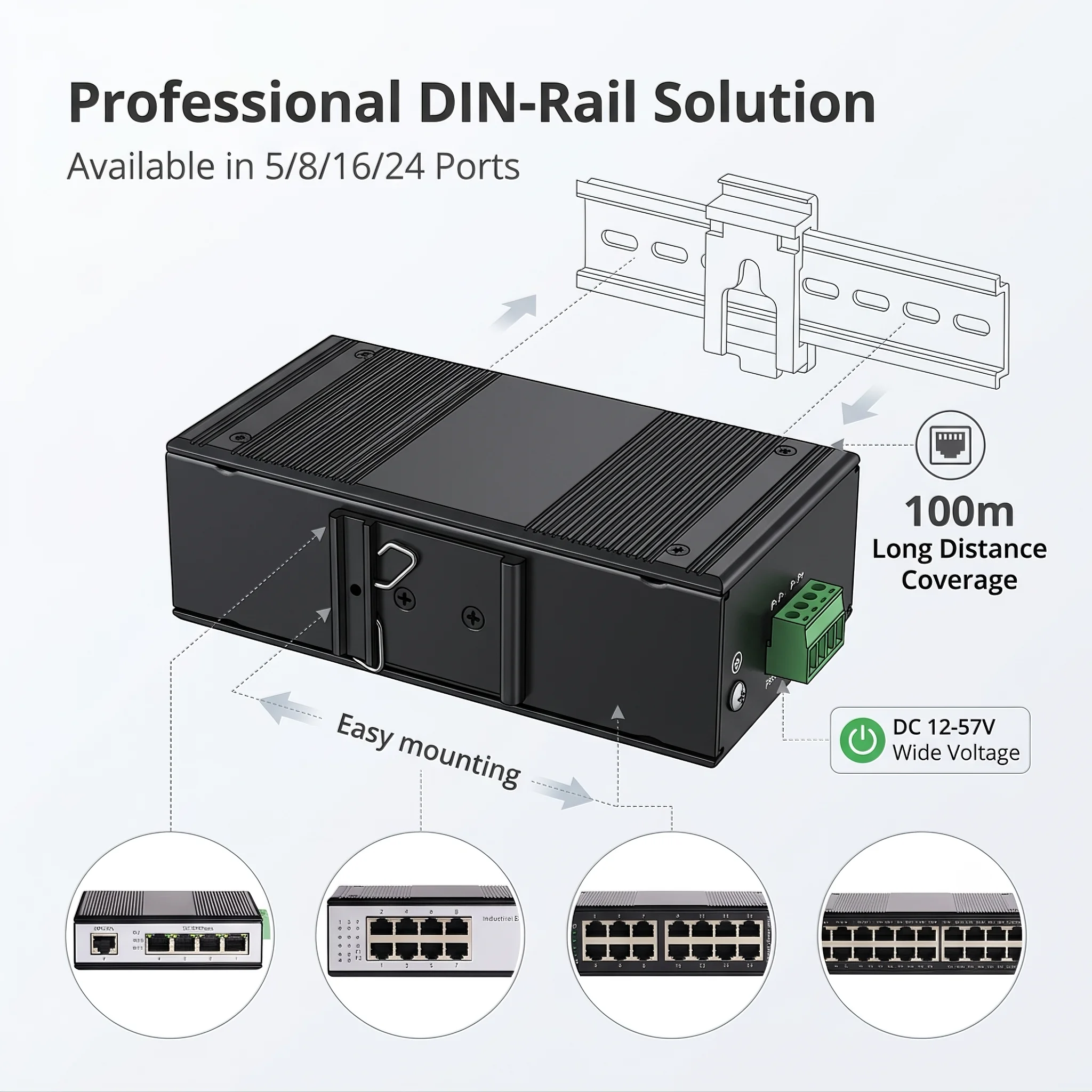 Industrial Din‑Rail Fast Ethernet Switch,5/8/16/24‑Port 100Mbps Non‑POE&POE Optional,Aluminum Alloy,100M Industrial Use
