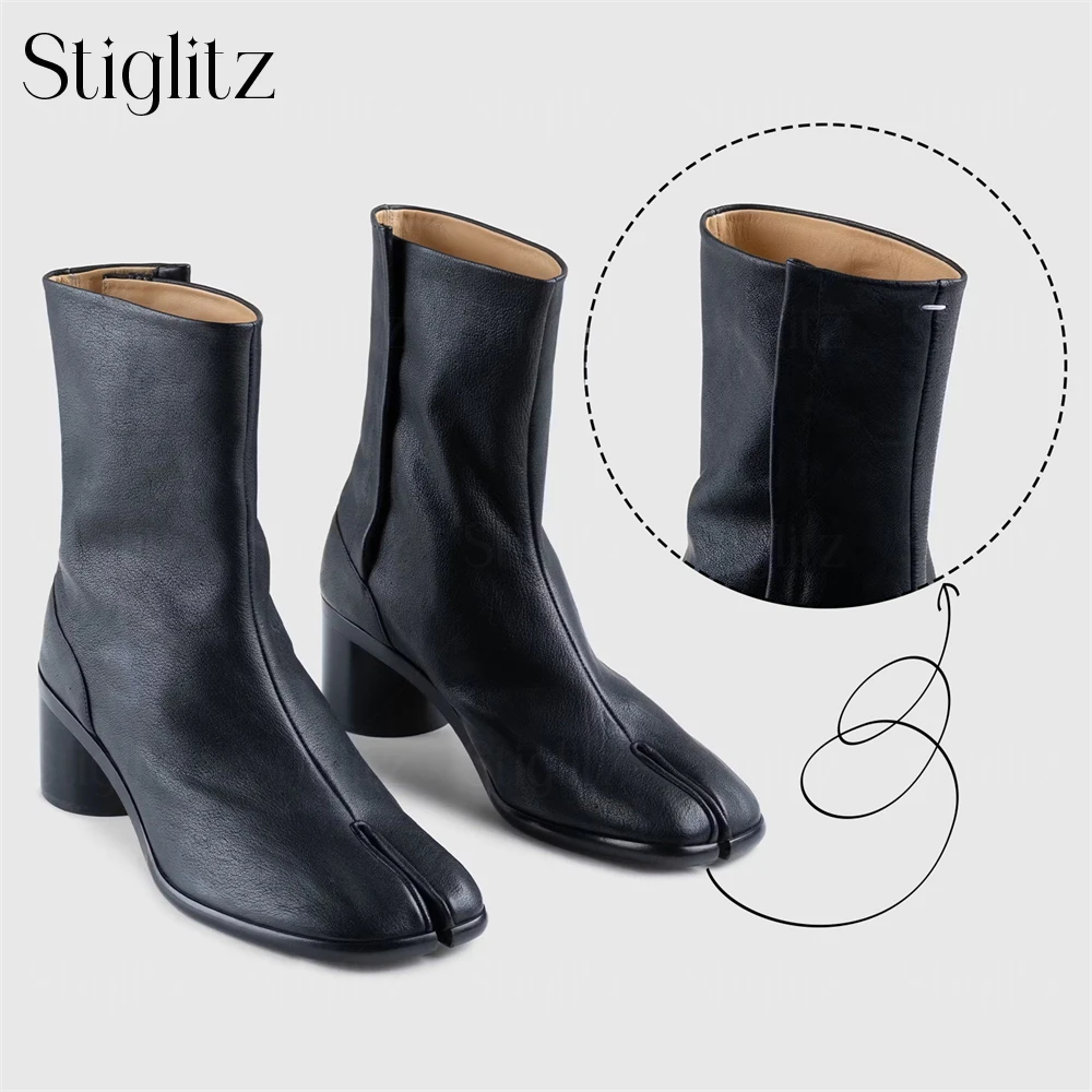 5cm Cylindrical Heel Tabi Booties Novelty Split Toe Buckle Boots Classic Ankle Boots Back White Stitching Black Leather Booties