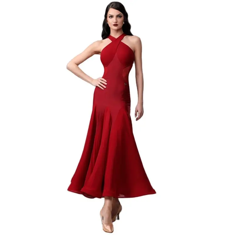 High-End Women Party Latin Dance Dress Red Halter Latin Dancing Dress Ballroom Dance Competition Dress Stage Wear SL8732
