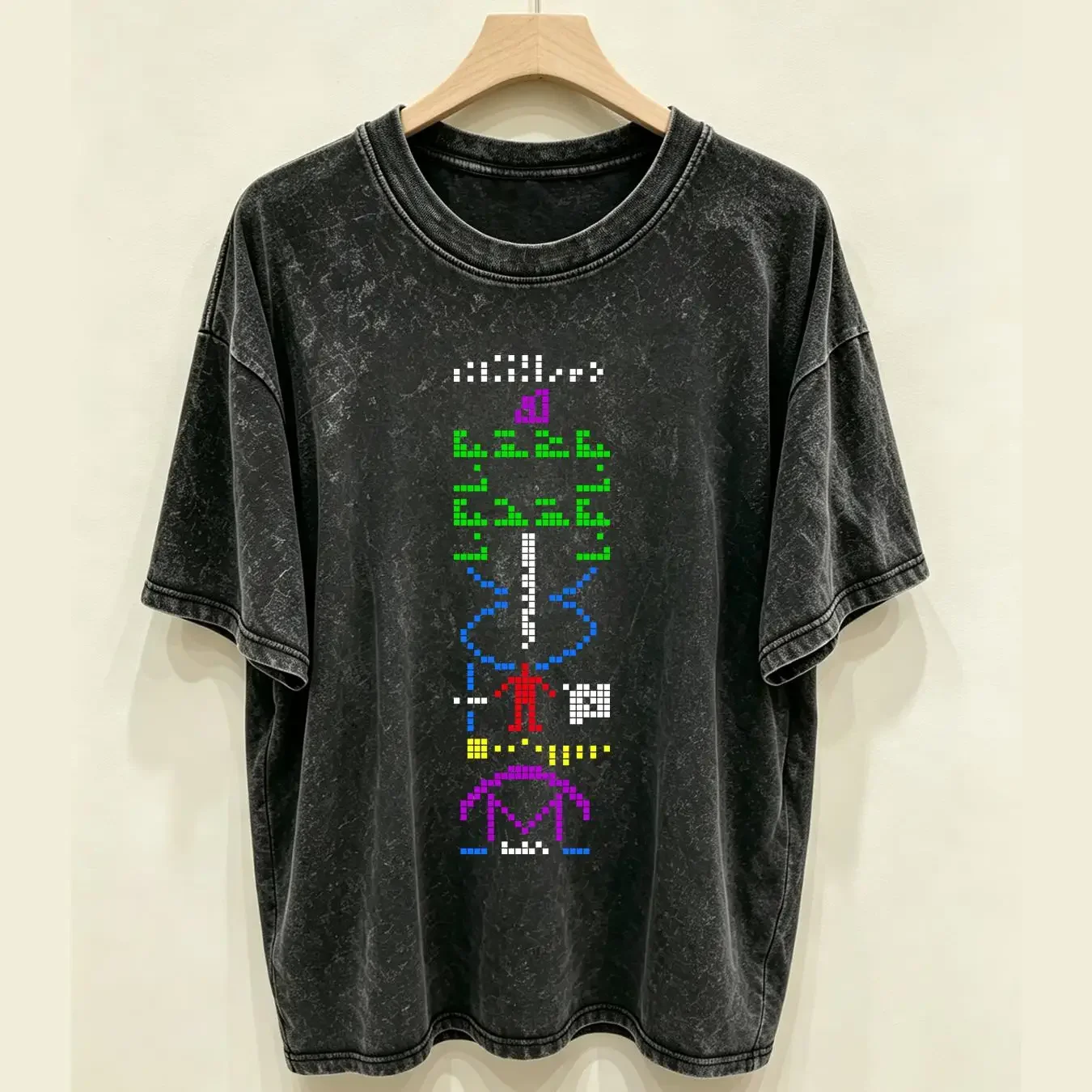 washed T Shirt Arecibo Message Interstellar Space Geek Men's Regular Fit Black long or short sleeves vintage Washed