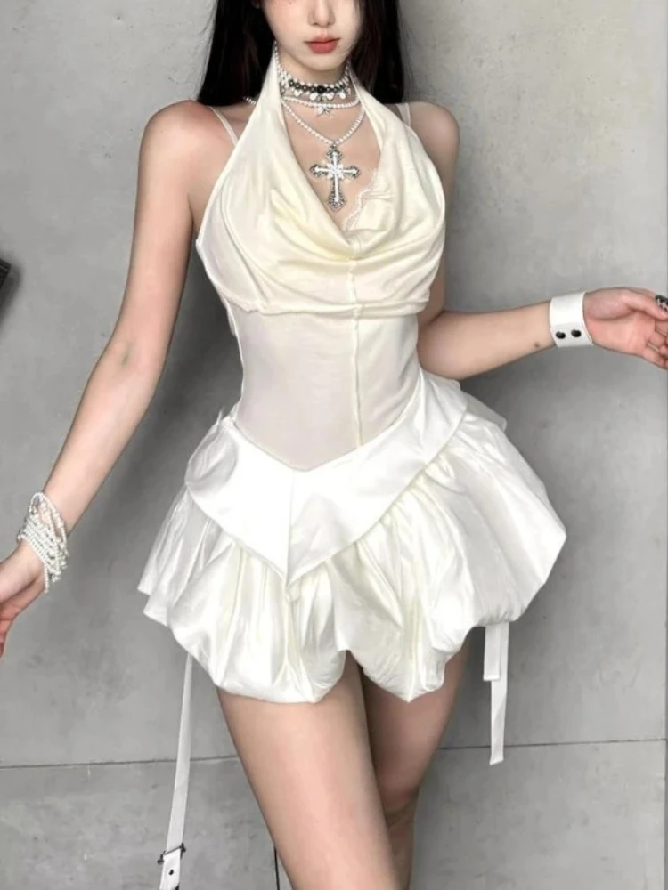 

Летний комплект из 2 предметов в стиле ретро Sweet Hottie, женские топы с открытой спиной и лямкой на шее Y2k + пышная мини-юбка, эстетичная сексуальная одежда в стиле Харадзюку