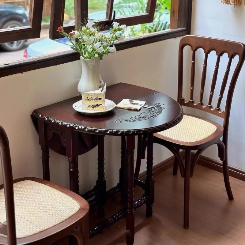 French retro solid wood folding dining table living room home dining room oval coffee round table adjustable small apartment tab