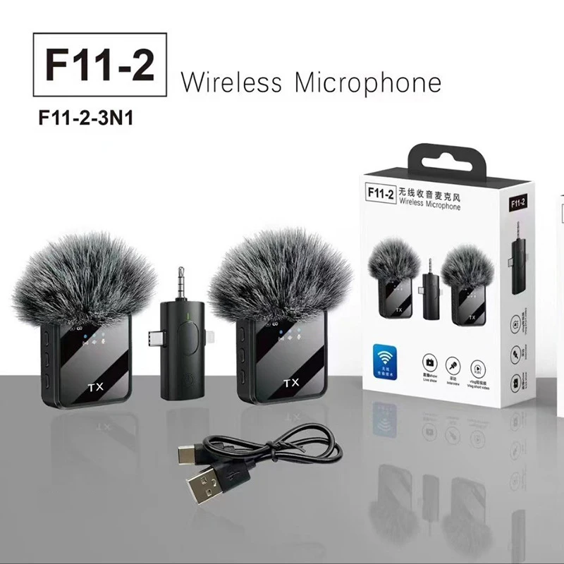 Microfone Lavalier Sem Fio 3-em-1 F11-2 F15 com Cancelamento de Ruído, Mini Clip-On para iPhone e Android, Transmissão ao Vivo e Vlog