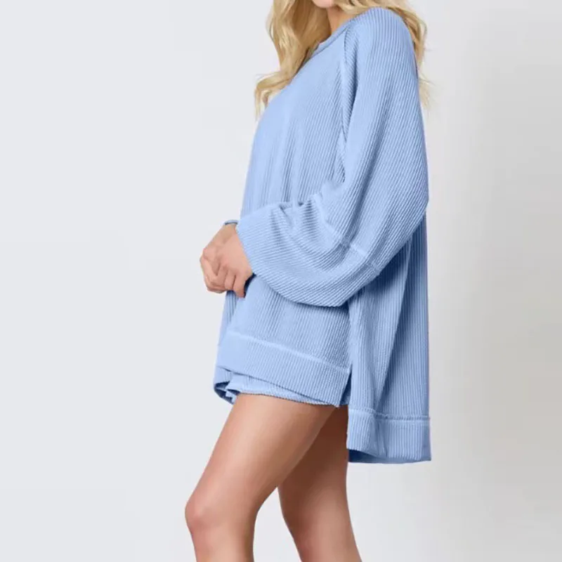 

Elegant Ribbed Textur Party Skirt Outfits Fashion O-neck Pullover & Mini Skirt Suit Women Casual Long Sleeve Solid Loose 2Pc Set