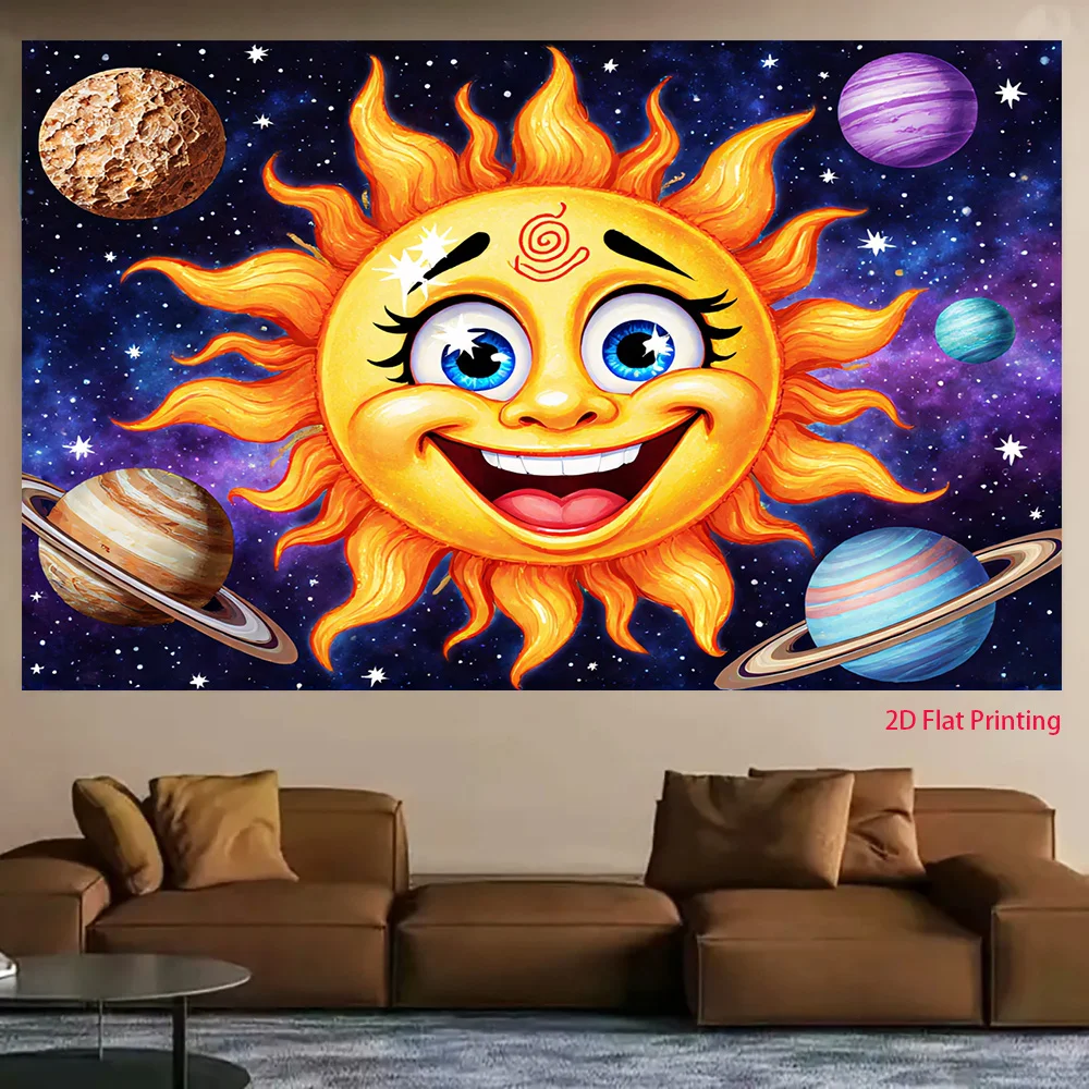 Cute Smiling Sun Tapestry, Cartoon Solar System Planets Wall Hanging, Colorful Space Art Decor for Kids Room Bedroom Nursery