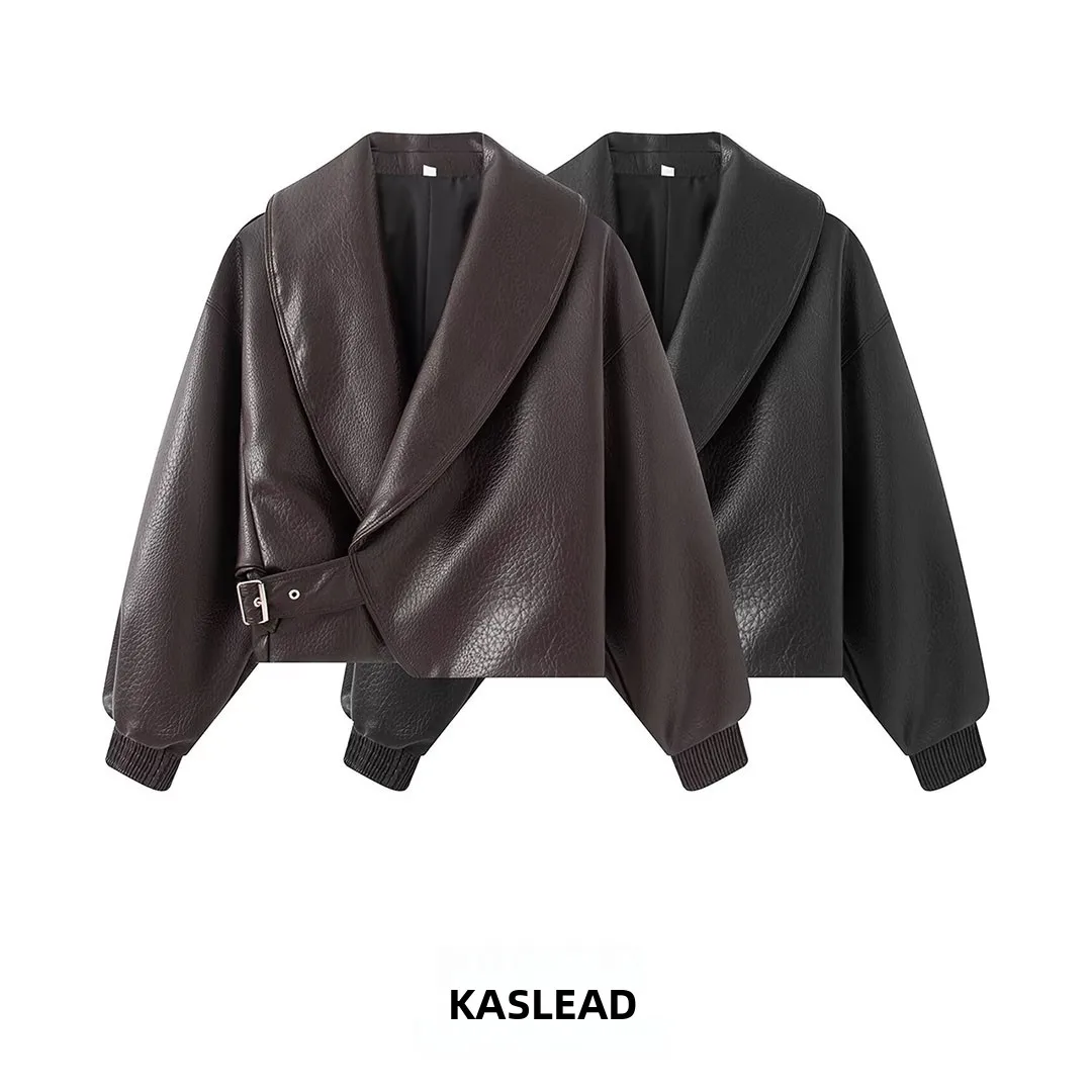 KASLEAD New Women's Fashion Versatile High-End Long Sleeve Collar Leather Buckle Jacket Short Style Polyester Fiber