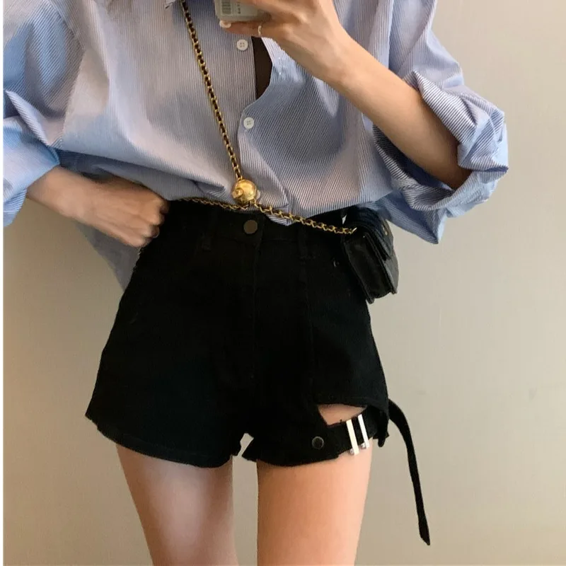 High Waisted Slim Fit Versatile Irregular Denim Shorts Hollowed Out Fashionable Casual Jeans Spring Summer New Women's Cothing