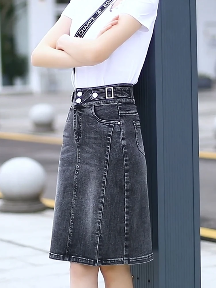 

Джинсовая юбка трапециевидной формы с высокой талией, женская модная утягивающая утягивающая юбка с запахом, длина до щиколотки, повседневная юбка с разрезом в стиле ретро