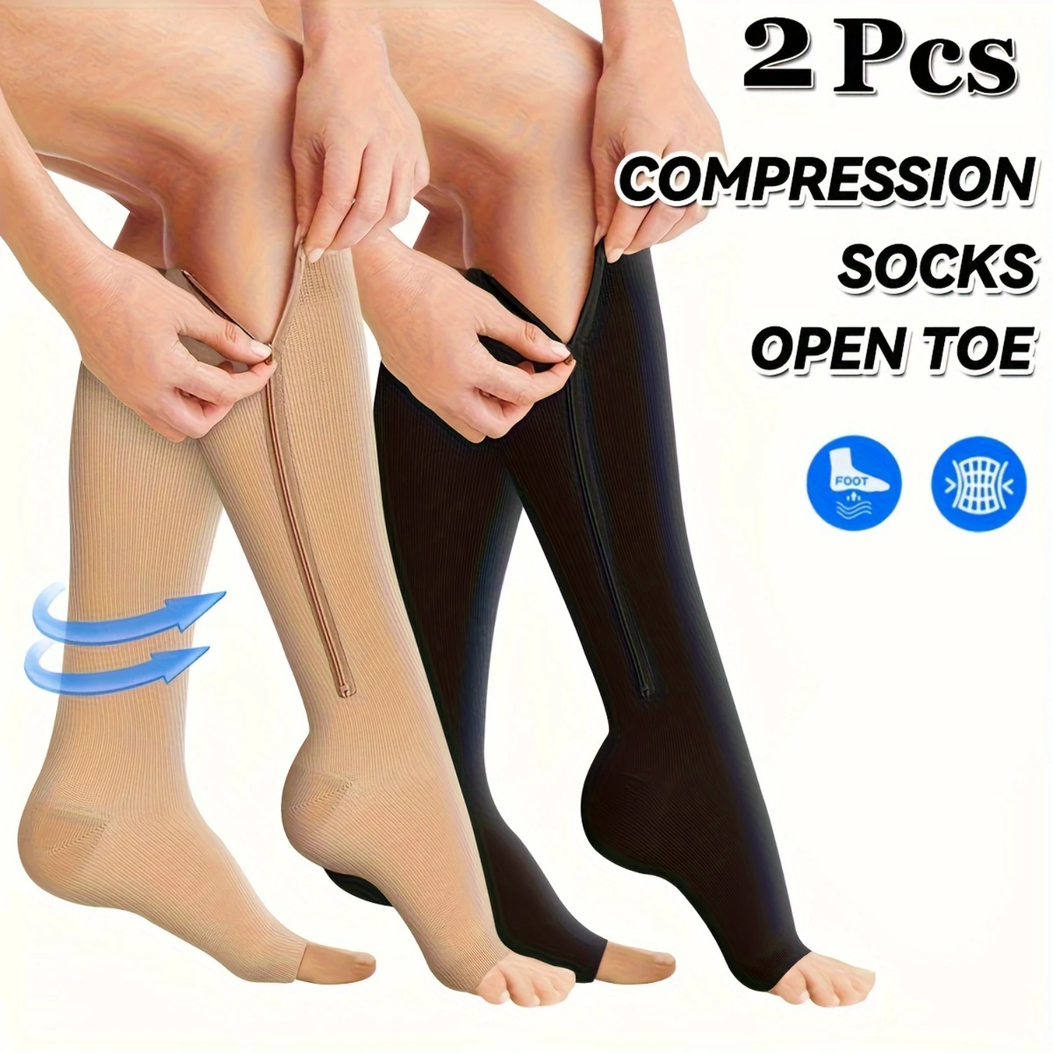 2 Pairs Thermal Compression Socks for Running and Athletics - Open-Toe, Zipper Closure, Moisture-Wicking, Breathable, Soft, Soli