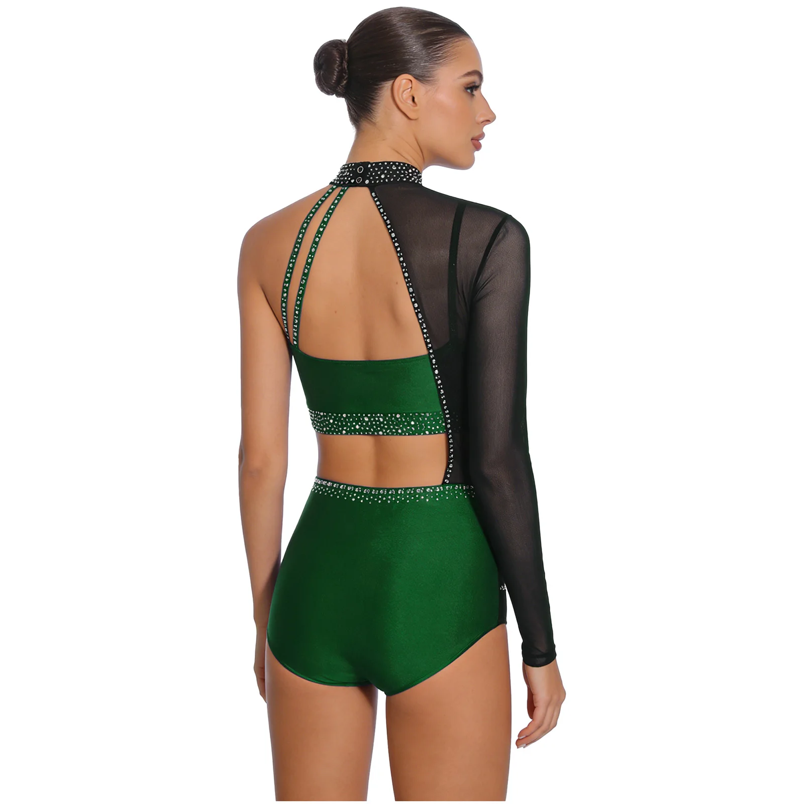 Elegant Womens Jazz Dance Gymnastics Stage Performance Leotard Jumpsuit Rhinestone Hollow Out Bodysuit for Salsa Rumba Dance