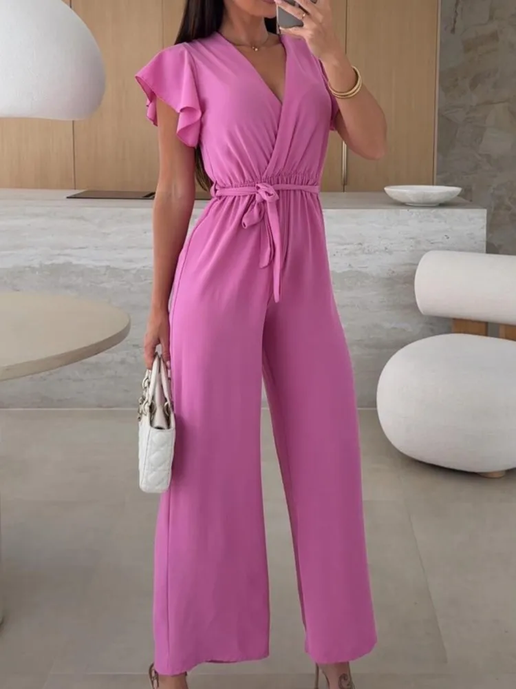 

Spring Summer V-neck Jumpsuit Women's Fashionable Lotus Leaf Sleeves Tied Women Rompers Elegant Office Ladies Trousers Jumpsuits