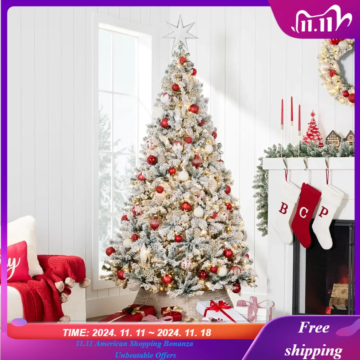 

Pre-Lit Artificial Christmas Tree, 12ft Snow Flocked Design Pine Tree, Full Appearance Snowy w/Easy Assembly Metal Stand