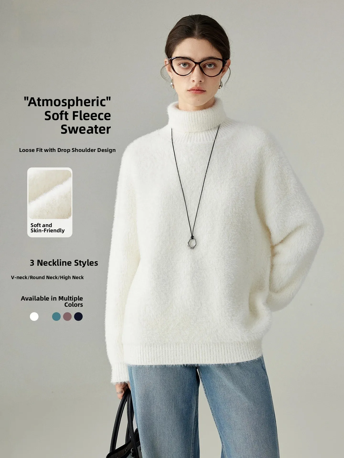 Yoka Home Women's Thickened Oversize High Collar Sweater in Beige for Autumn And Winter Easy to Match Long Sleeve Crew Neck