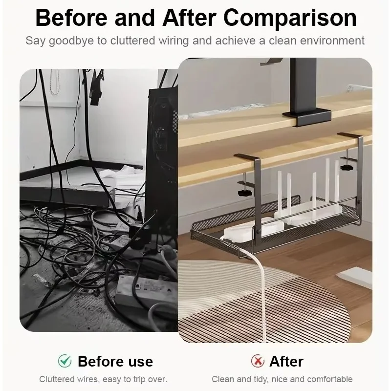Under Desk Cable Management Tray No Drill Steel Desk Wire Organizers Cord Power Strip Holder Storage Rack Adjustable Clip Shelf