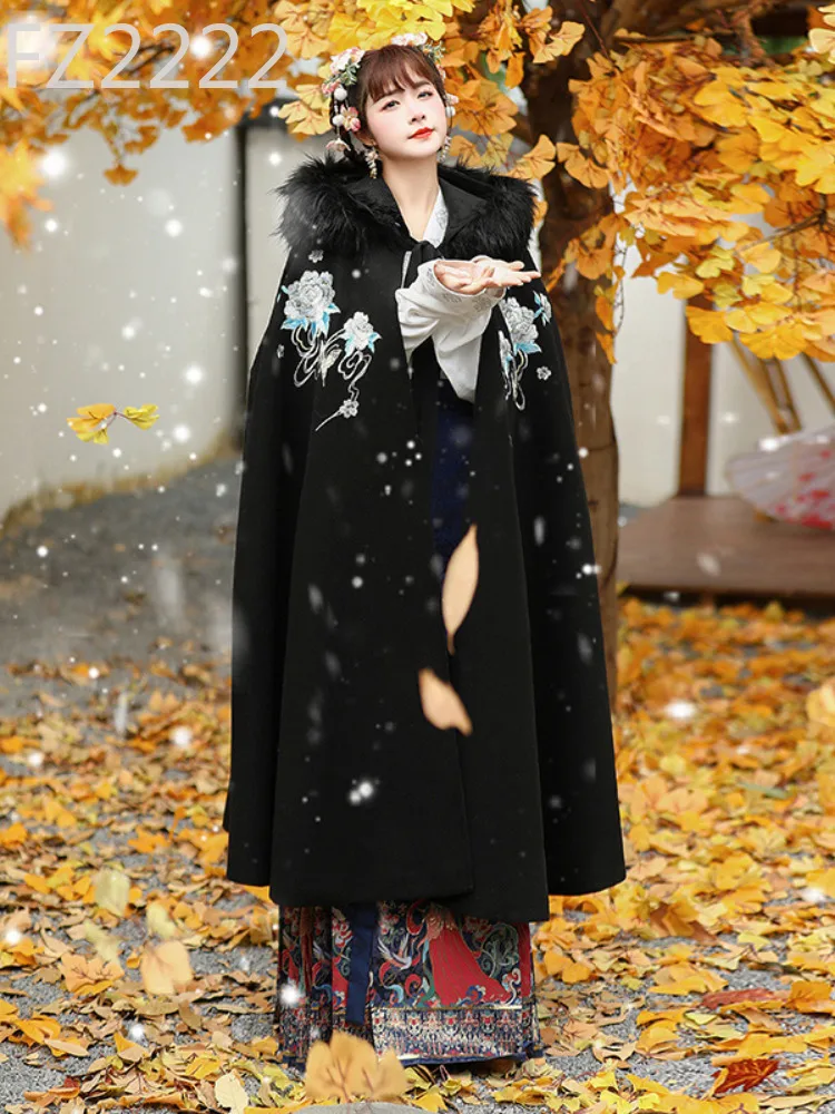 Hanfu women's cape winter velvet thickened hooded black Chinese shawl antique