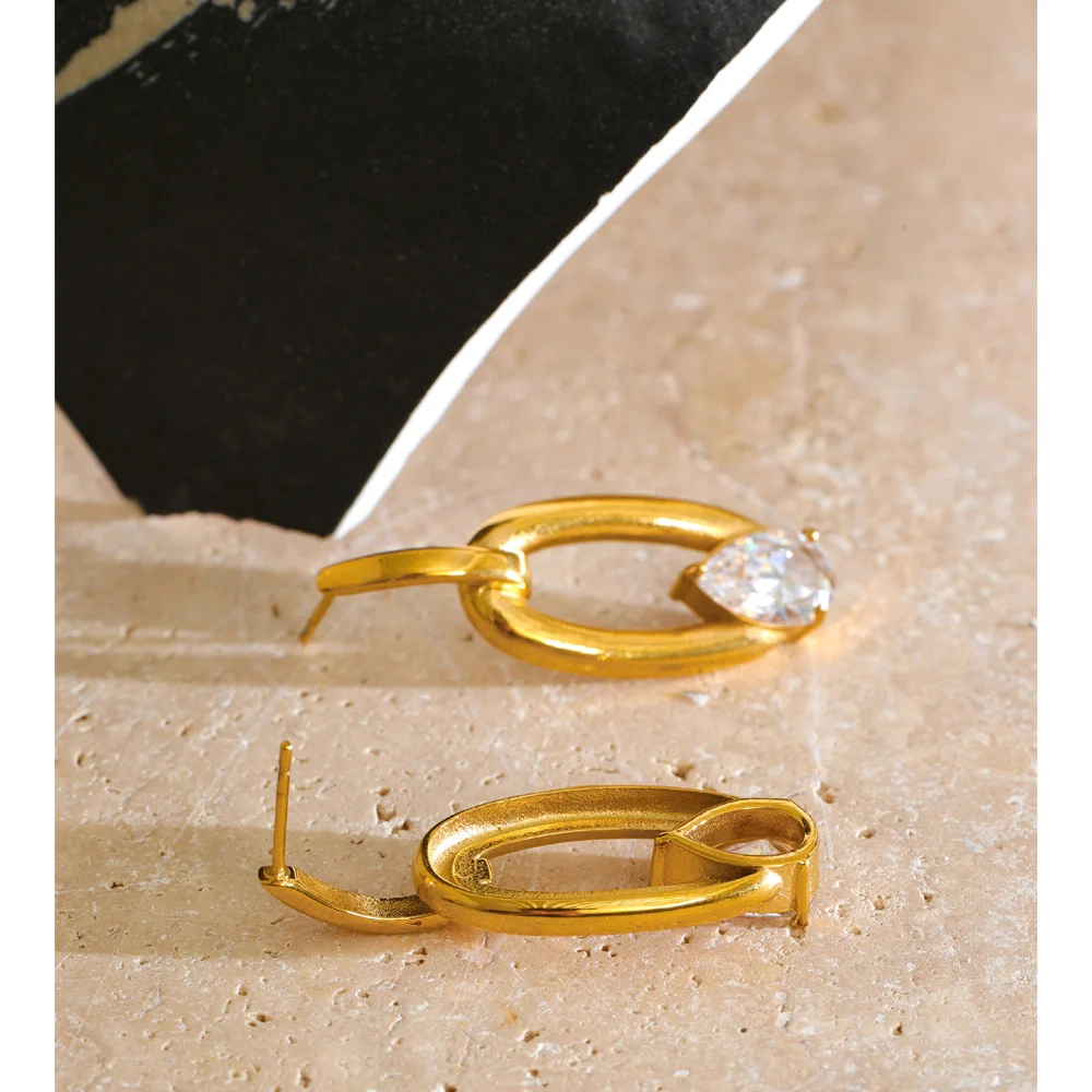 Yhpup Stainless Steel Cubic Zirconia Hollow Oval Stud Earrings 18K Gold Color PVD Plated Delicate Daily Modern Jewelry