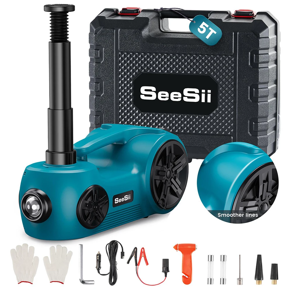 Seesii 5 Ton Electric Car Jack 12V Hydraulic Jack with Tire Inflator Pump for SUV MPV Truck Change Tires Car dismantling tools