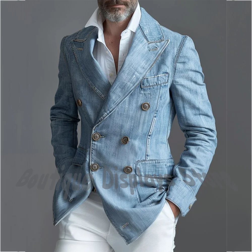 

Light Blue Men's Denim Blazer Suit Double Breasted Peak Lapel Jacket Pants Smart Casual Business Party Wear Vintage Outfit