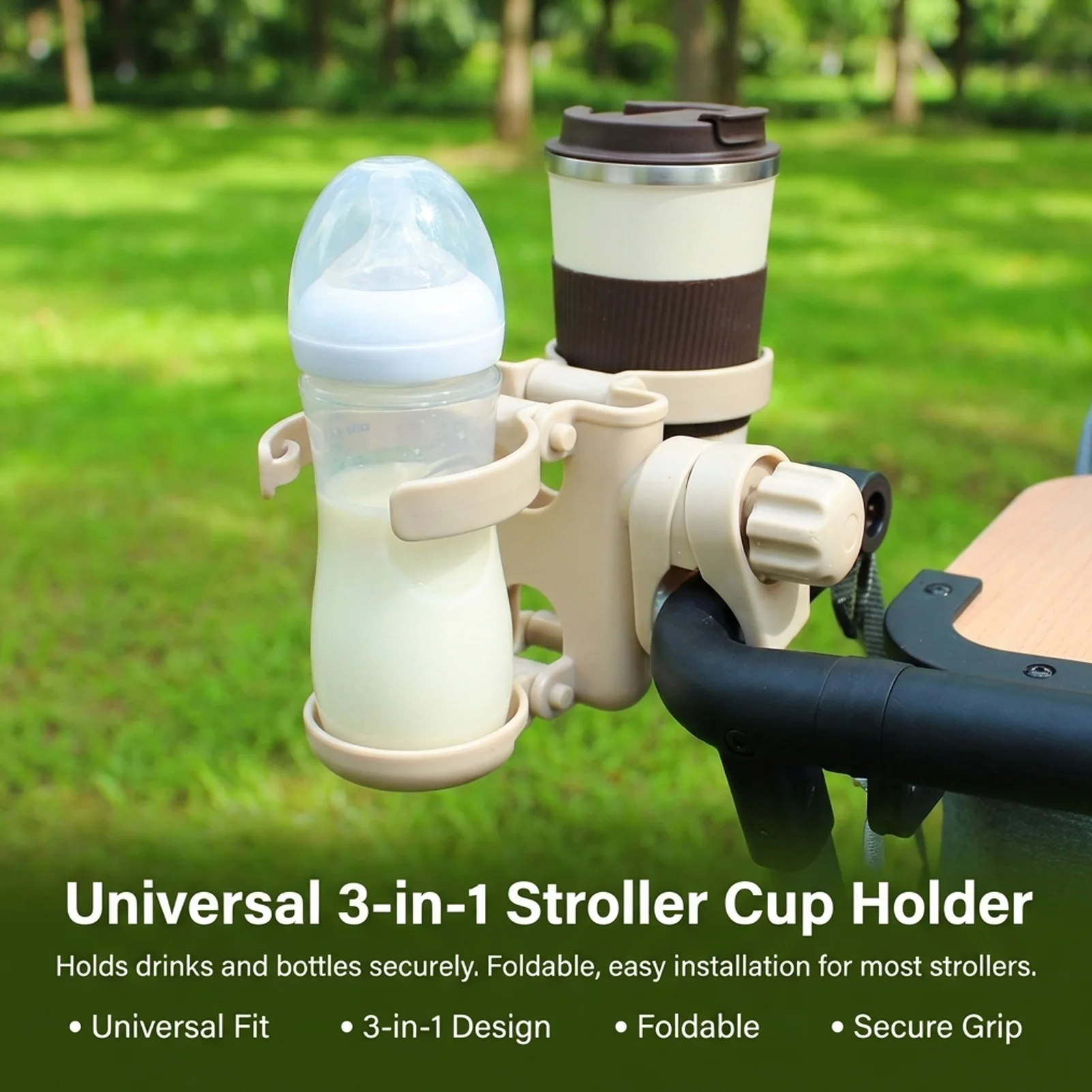 

Travel Stroller Cup Holder Organizer 3 In 1 Universal Non Slip Stable Grip for Baby Stroller Cup Holder Outdoor Storage