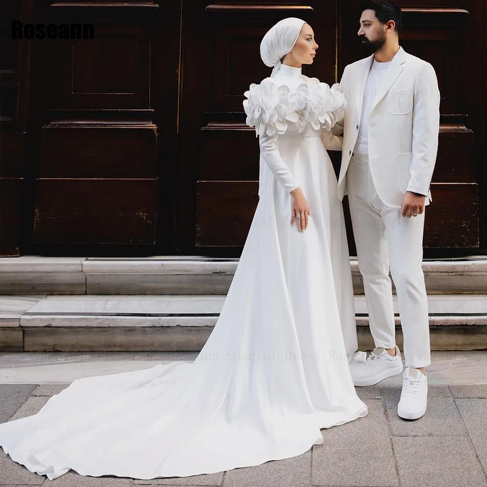 

Muslim Retro Ivory A-line Wedding Dresses Handmade Flower Full Draped Pleat Brush Train Floor Length Bride Dress robe de mariée