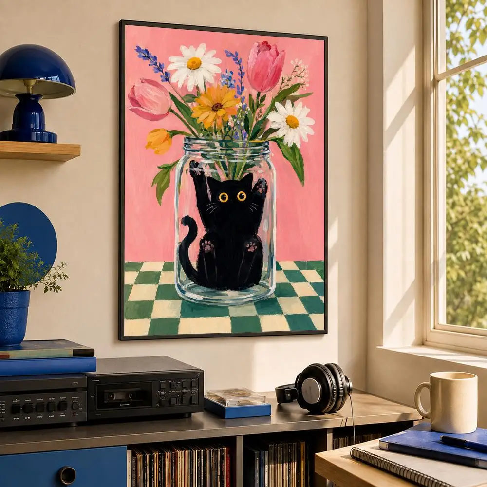 Funny Art Matisse Monet Black Cat Van Gogh Sunflowers Canvas Poster HD PP Waterproof Wall Decor for Living Room Gift