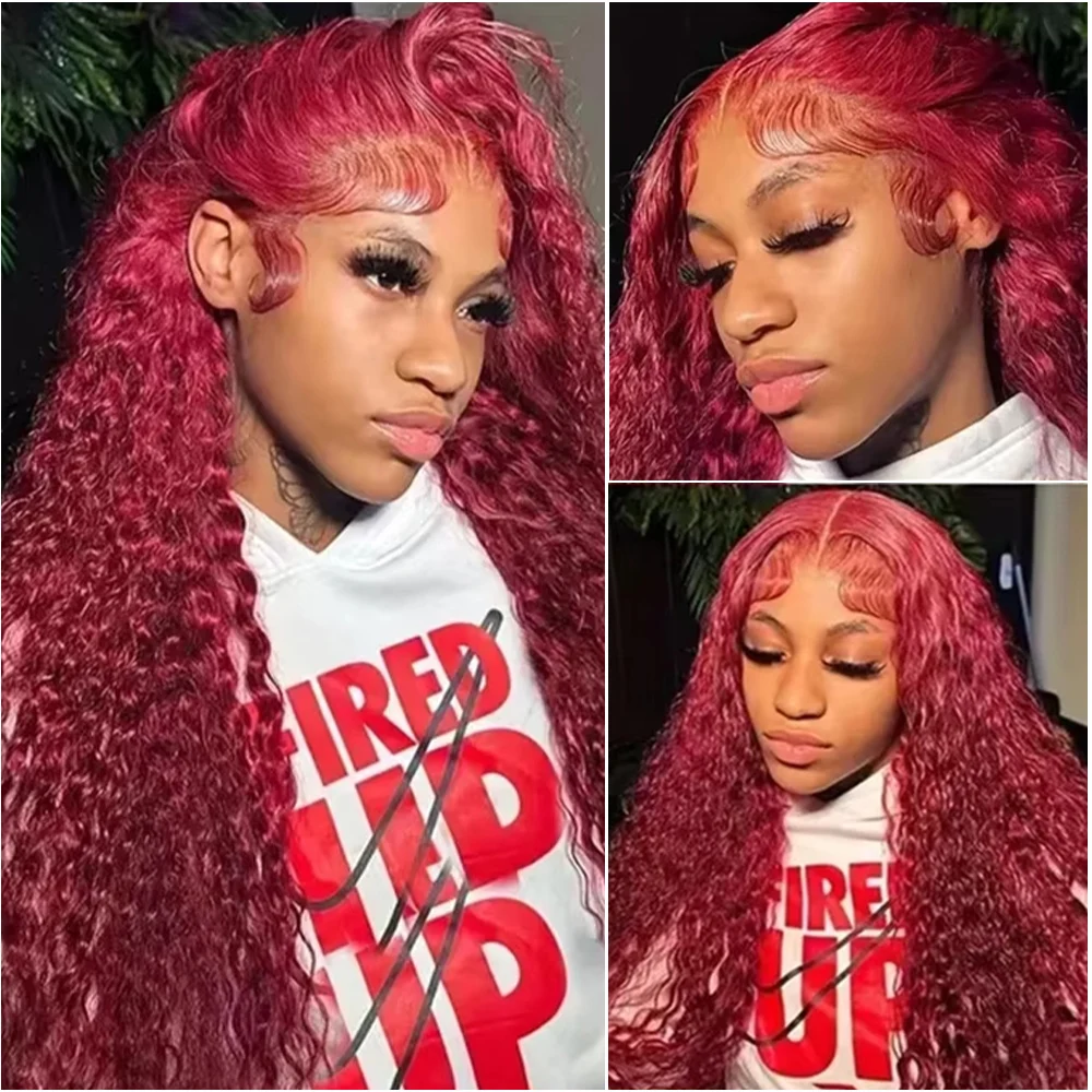 

200% Density 99J Burgundy Curly Wig Human Hair 13x4 13x6 Full Frontal Lace Preplucked Colored Deep Wave Human Hair Wig For Women
