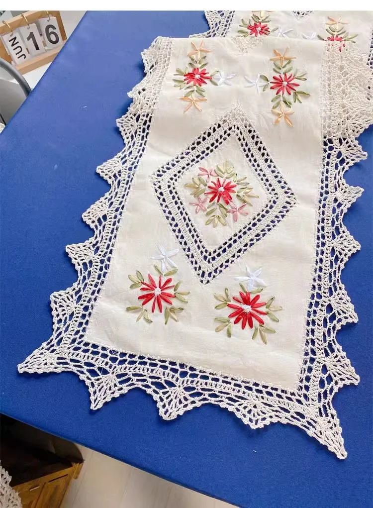 Fashion design Russia style ribbon embroidered table fabric table runner cover  rectangle beige 100% cotton cabinet cloth