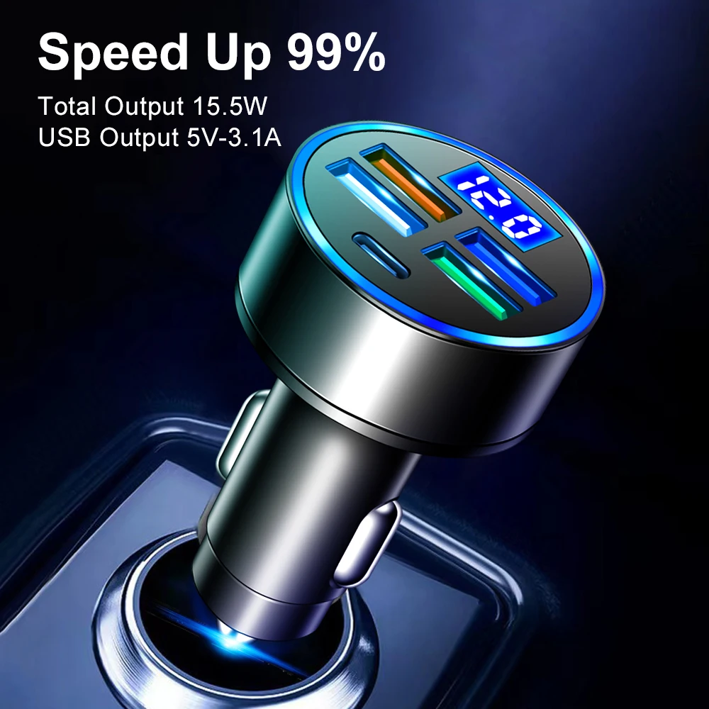 

5 Ports USB Car Charger Type C Fast Charging Phone Adapter For Xiaomi Huawei Phone Charger Car Adapter Socket Cigarette Lighter