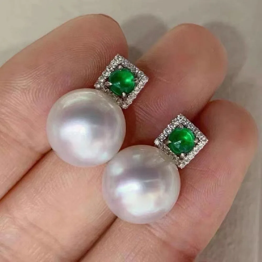 

Natural AAAA10-11mm Japanese Round Pearl 925 Pure Silver Green Stone Natural Pearl Fashion Earrings