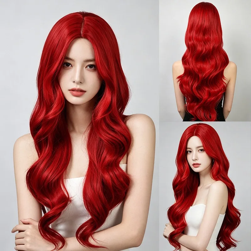 Red middle-part long wavy wig, heat-resistant synthetic fiber, suitable for Halloween, cosplay, parties, and everyday photos