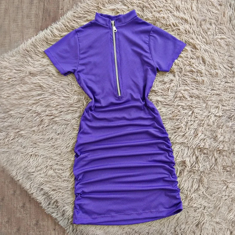 2024 Women's Short Sleeve Mini Purple Skirt Y2k Spring Bodycon O-neck Elegant Dress Sexy Clothes Party Club Zipper Knit Dresses