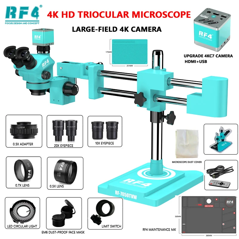 RF4 7050TVW Simul-Focus Double Boom Stand Trinocular Stereo Microscope 2K Large-field 4KC7 HDMI  USB Camera For PCB Repair