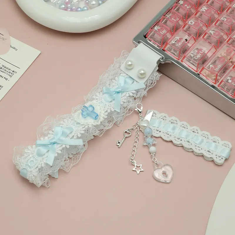 Keyboard With Blue Lace Ribbon Custom Decoration Mechanical Keyboard Pendant Made68 Wooting Universal Accessory Pendant