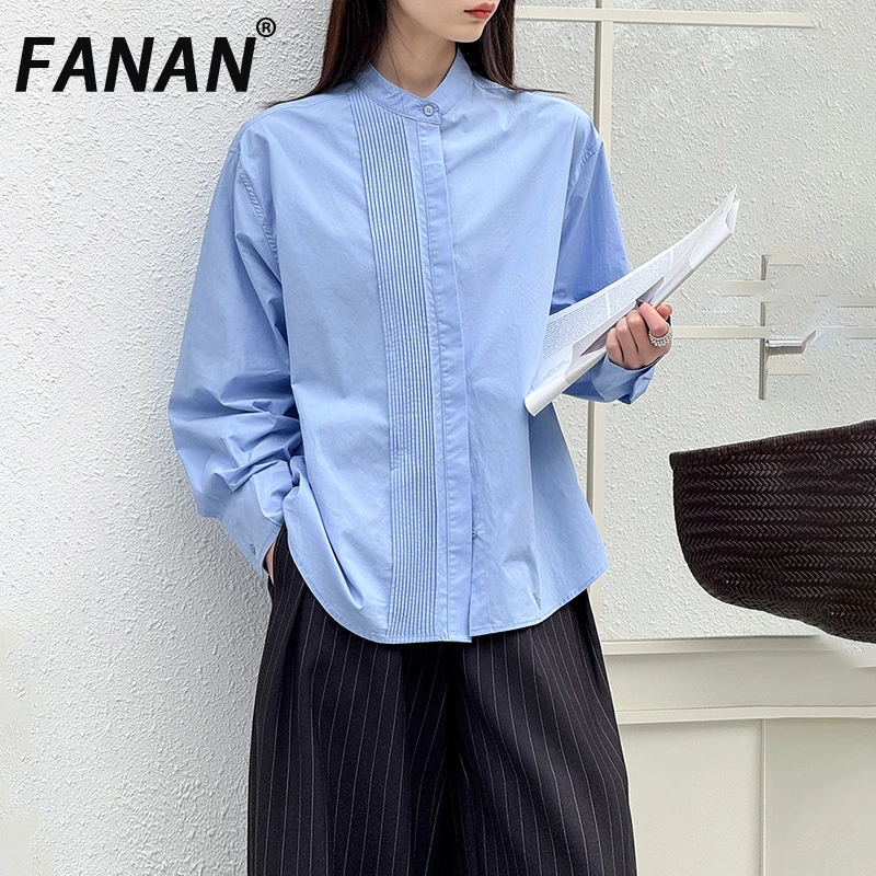 

FANAN Women's Minimalism Solid Round Neck Shirts Single Breasted Long Sleeve Blouses Female Tops Fashion 2026 Spring New
