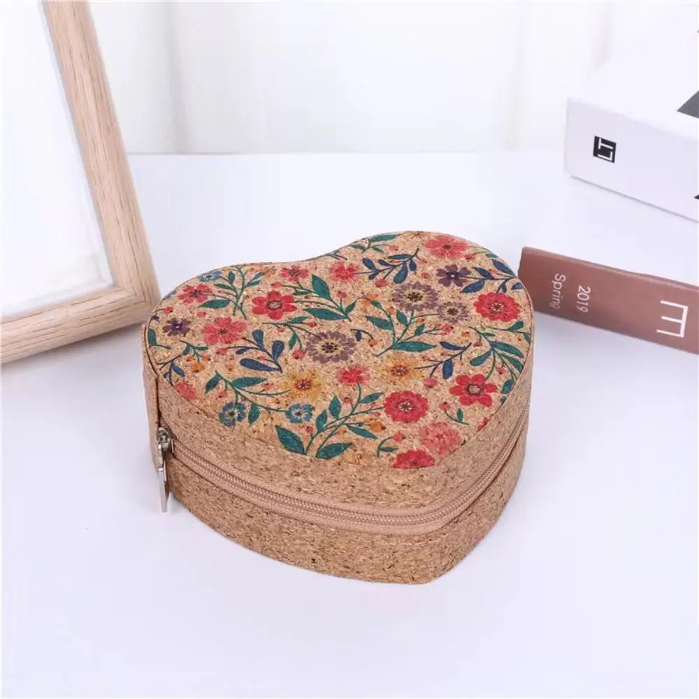 Zipper Heart Shaped Jewelry Box Vintage Portable Ring Earrings Organizer Lightweight Bohemia Cork Jewelry Storage Case Gifts