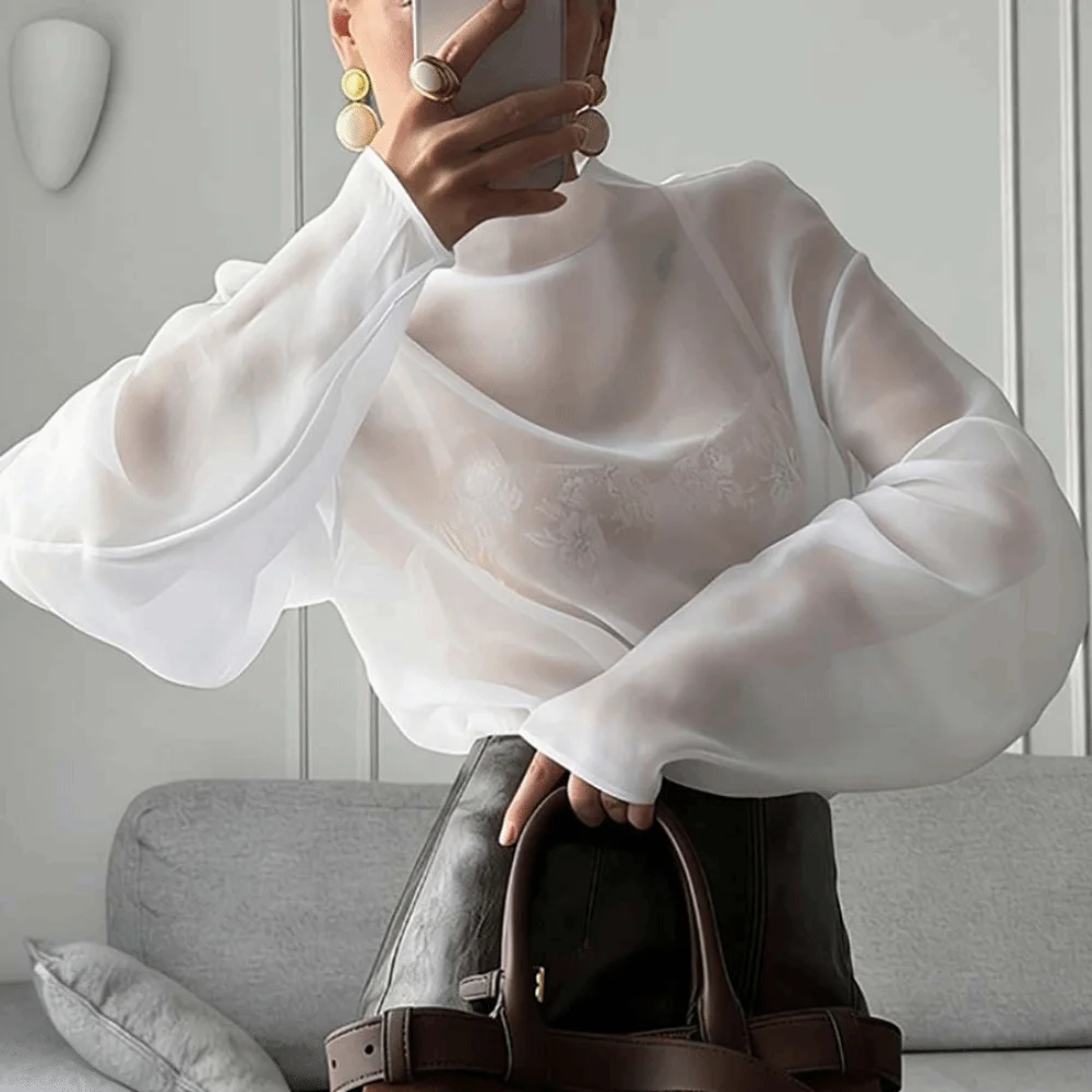 Chic Long Sleeve Mesh Blouse Half-high Collar O Neck Gauze Blouse See Through Loose Tops Daily Street